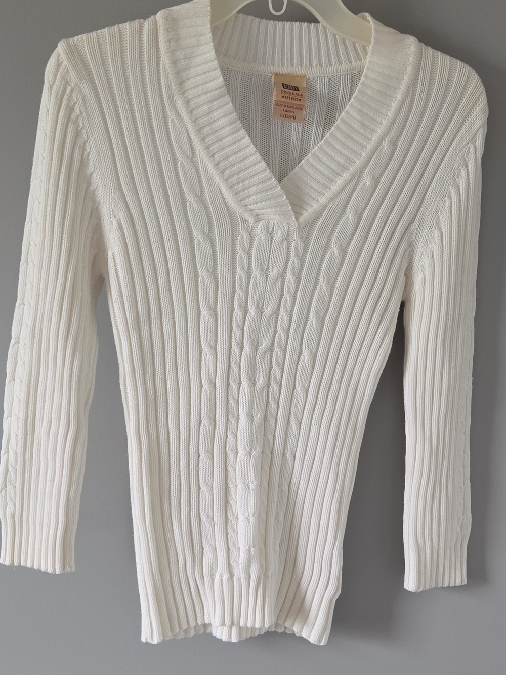Faded Glory White Cable Knit V-Neck Sweater 3/4 Sleeves L(12/14)